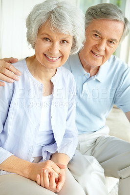 Buy stock photo Senior couple, house and relax with portrait in morning for retirement, connection and marriage romance. Elderly man, woman and hug with smile at home for love, support and joy on weekend together