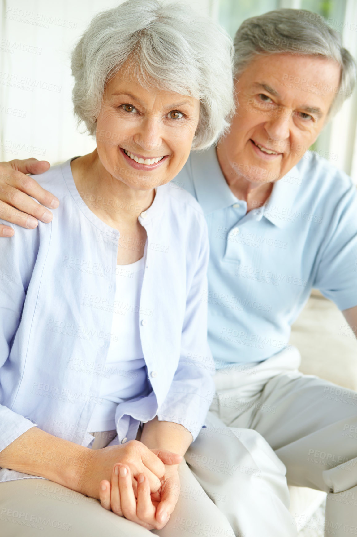 Buy stock photo Senior couple, house and relax with portrait in morning for retirement, connection and marriage romance. Elderly man, woman and hug with smile at home for love, support and joy on weekend together