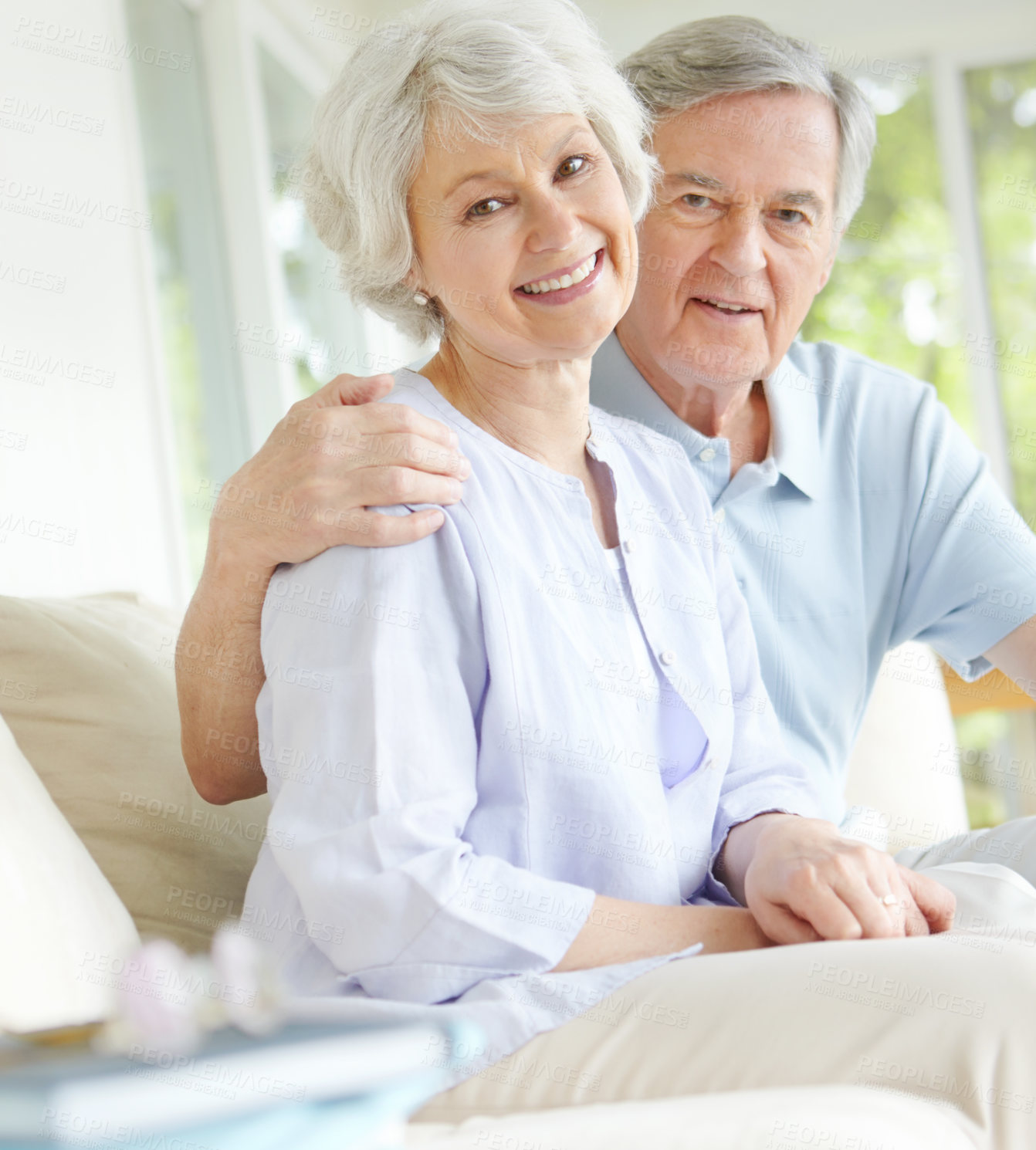 Buy stock photo Home, happy and elderly couple with portrait on sofa for romantic bonding together on weekend. Senior woman, man and commitment with love in house for marriage support, retirement and connection