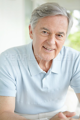 Buy stock photo Portrait, relax and wellness with mature man on sofa in living room of home for comfort or rest. Happy, retirement and smile with face of confident senior person in apartment for weekend time off