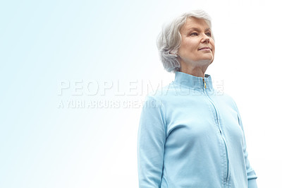 Buy stock photo Senior woman, exercise and thinking by sky for healthy body, wellness or fitness in retirement. Outdoor, idea and female person by mockup space for mobility training, reflection or workout in morning