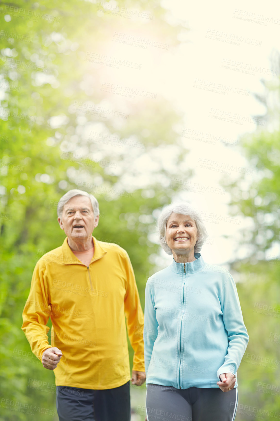 Buy stock photo Senior couple, nature and portrait for walking, wellness or fitness as happy or bonding together. Elderly people, smile and exercise in retirement for health, workout or training as pensioner in park