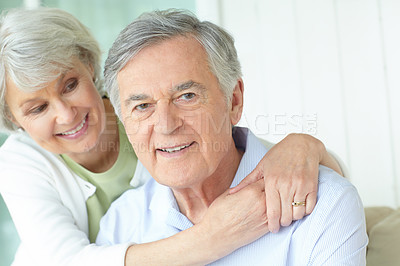 Buy stock photo Relax, portrait and senior couple in home with smile for romantic connection on weekend together. Elderly man, woman and happy with love in house for retirement bonding, support and joy in marriage