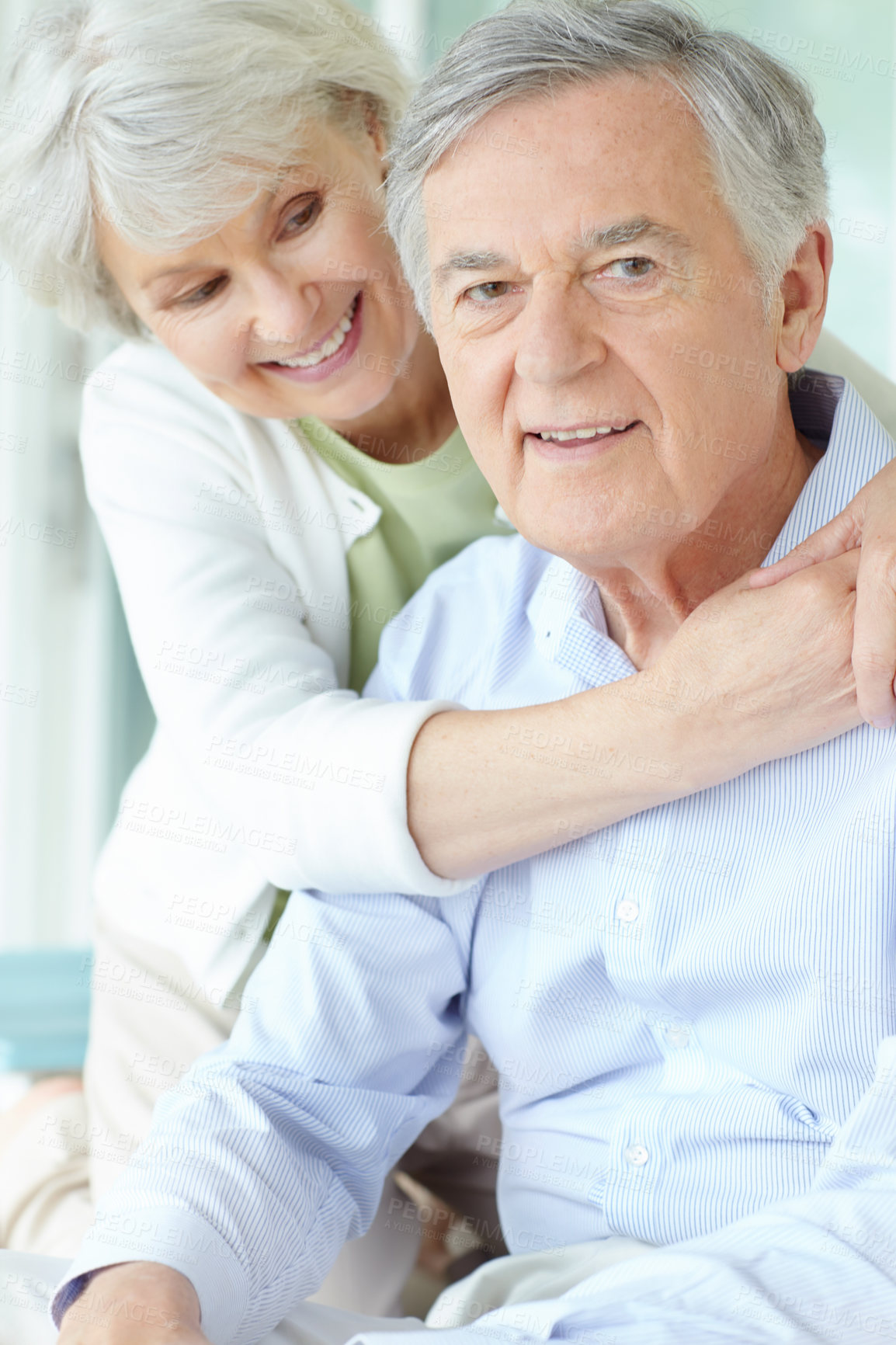 Buy stock photo Love, portrait and senior couple in home with happiness for romantic connection on weekend together. Elderly man, woman and care with smile in house for retirement bonding, support or joy in marriage