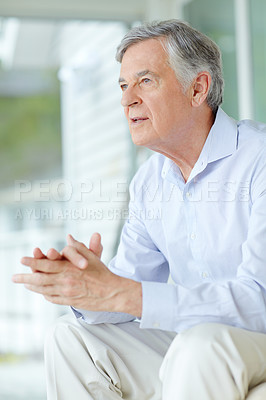 Buy stock photo Senior man, thinking and relax in home living room for retirement, good health and nostalgia with break. Elderly male, vision and healthy person on pension for reflection, comfort and idea on sofa