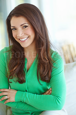 Buy stock photo Happy, portrait and woman in house, smile and confident in new apartment, relax and break in home. Cheerful, morning and joy in weekend, proud and peace for person, chilling and girl in Australia