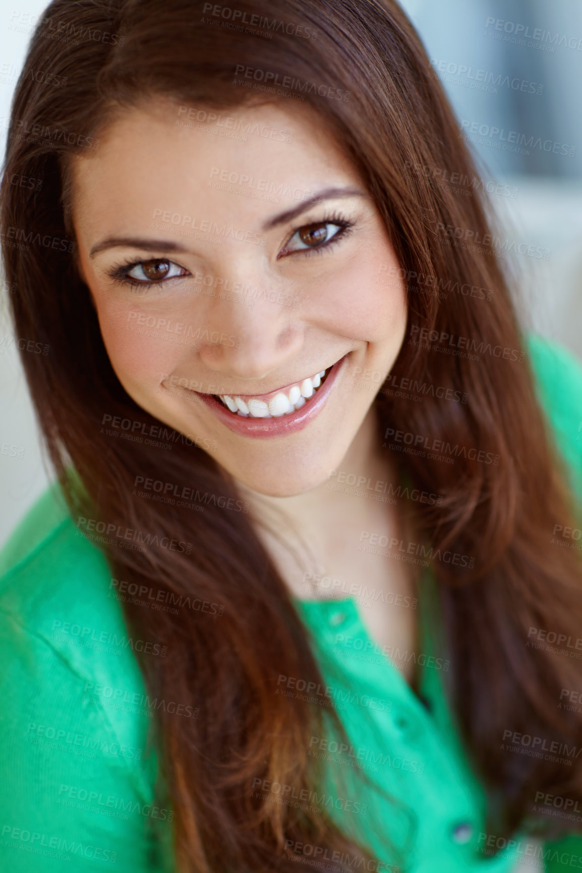 Buy stock photo Calm, portrait and smile with woman on sofa in living room of home for wellness on weekend. Afternoon, break and confident with face of happy person sitting in apartment to relax for peace or quiet