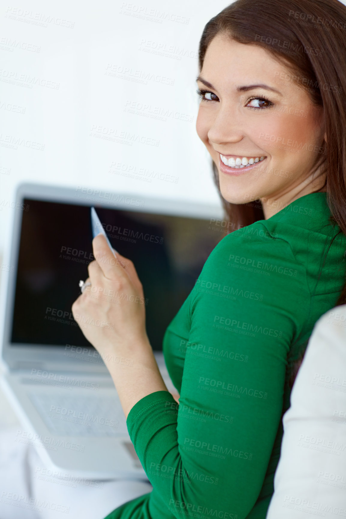 Buy stock photo Credit card, laptop and portrait of woman in living room of home for ecommerce or online shopping. Budget, computer and finance with face of happy person in apartment for internet bank payment