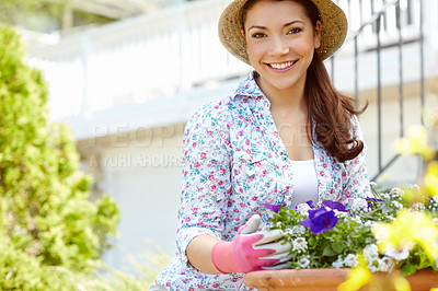 Buy stock photo Woman portrait, growth and planting flower in garden, sustainable environment and nursery care. Female person, eco friendly hobby and botany activity in backyard, peace and maintenance on weekend