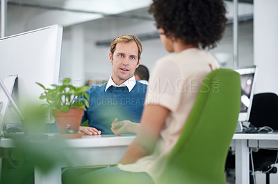 Buy stock photo Team, business people and discussion in office for planning, brainstorming or ideas in startup. Collaboration, creative or staff in meeting for project strategy, cooperation or editor in conversation