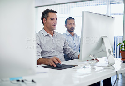 Buy stock photo People, office and consult with computer for teamwork in company with collaboration for web design. Strategy, advice and teaching for efficiency in Canada with tech for business with manager for work