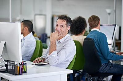 Buy stock photo Businessman, office and portrait with smile at desk with notebook for confidence with technology. Employee, team and financial management services for clients in company with tax preparation.