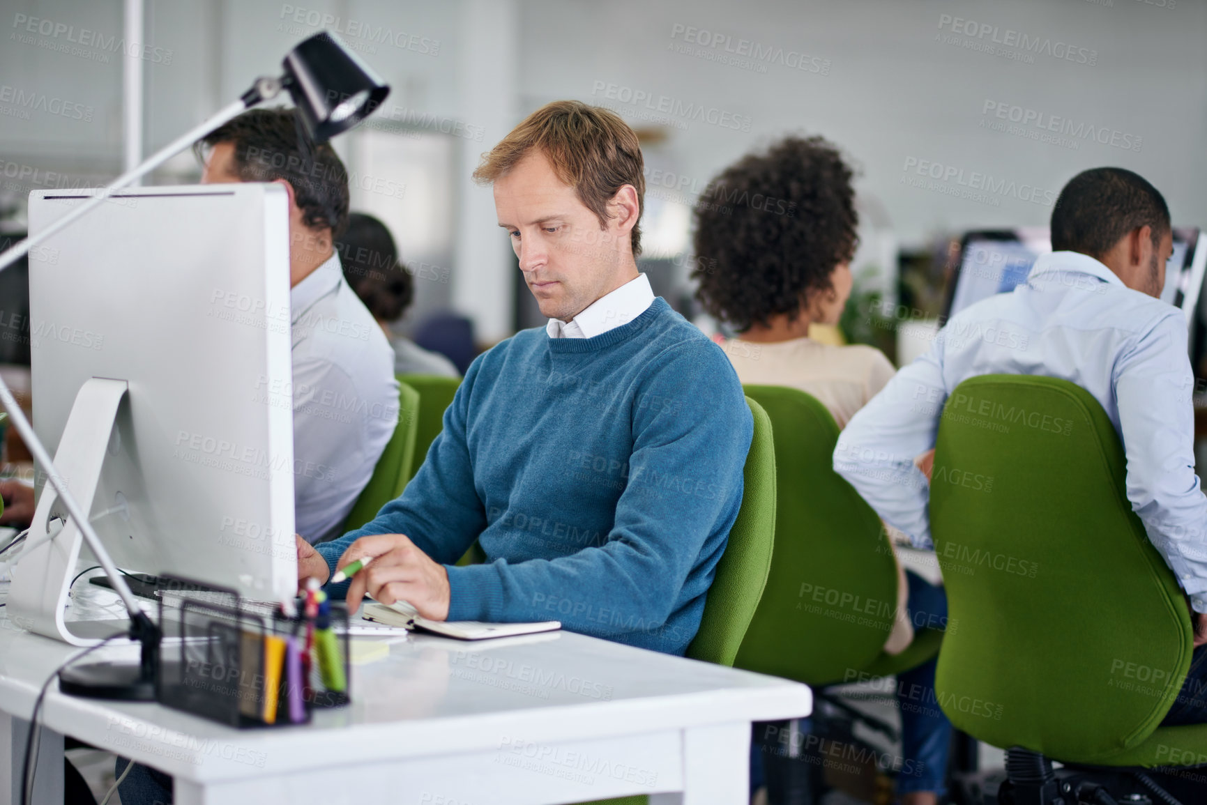 Buy stock photo Businessman, office and computer with typing for industry with technology for work at desk. Business analyst, risk assessment and UAT for communication with project management in Belgium with team