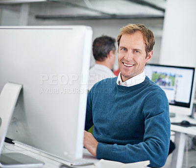 Buy stock photo Portrait, smile and business man on computer in creative startup office for career, job or coworking. Face, happy professional and entrepreneur on desktop, employee and editor working on project