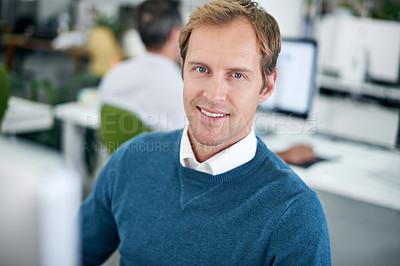 Buy stock photo Portrait, businessman and computer at desk for coding, web development and programming. Male person, software and pride in workplace for technology engineering, idea transformation and data process