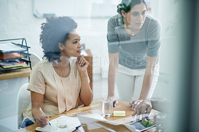 Buy stock photo Business woman, office and planning for project, collaboration and teamwork for success. Team, brainstorm and coordinate for meeting, agreement and partnership with diversity for work assignment 