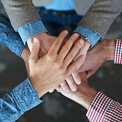 Buy stock photo Top view, collaboration and hands together for teamwork, team building or solidarity. Cooperation, hand huddle and group of people with motivation, trust or support for community goals in partnership