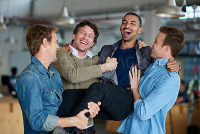 Buy stock photo Group of male coworkers messing around and being silly in the office