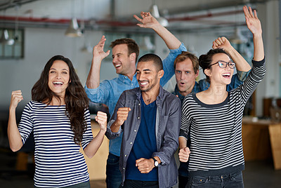 Buy stock photo Group of office staff shouting and dancing together in their office