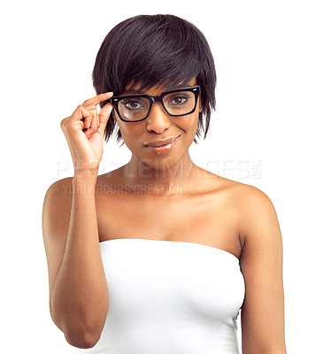 Buy stock photo Black woman, portrait and holding glasses against studio white background for confidence, vision and eyewear. Female person, smile and spectacles on isolated on backdrop for stylish and trendy