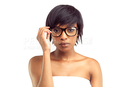 Buy stock photo Black woman, portrait and glasses on against studio white background for confidence, vision and eye care. Female person, spectacles or prescription on isolated in backdrop stylish and trendy