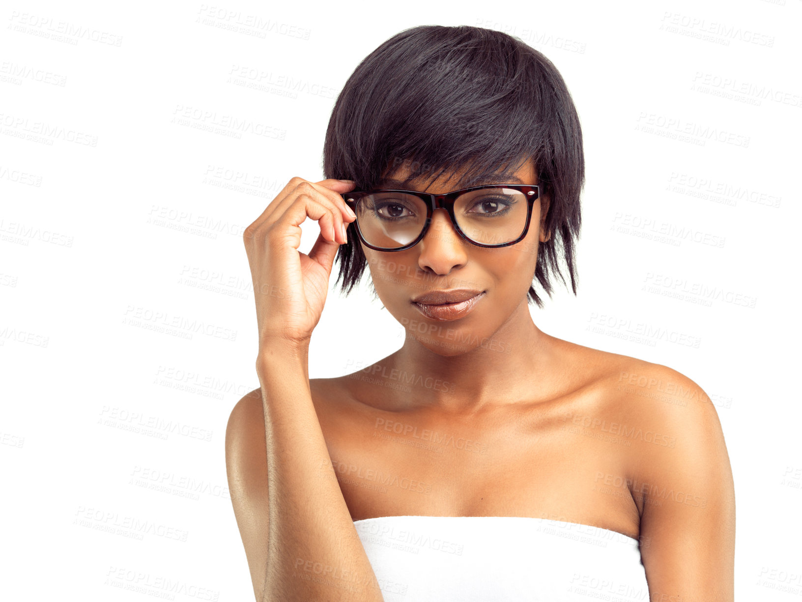 Buy stock photo Black woman, portrait and happy holding spectacles against studio white background for confidence, vision and eyewear. Female person, smile and glasses on isolated on backdrop stylish and trendy