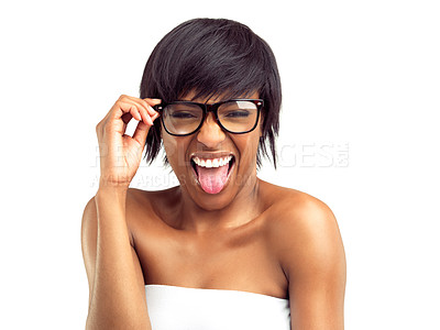 Buy stock photo Expressive portrait of a beautiful african woman looking sassy in spectacles