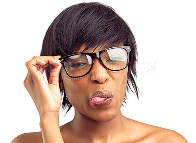 Buy stock photo Black woman, portrait and glasses on with tongue out in studio white background for vision and eyewear. Female person, spectacles or prescription on isolated in backdrop stylish, confident and trendy