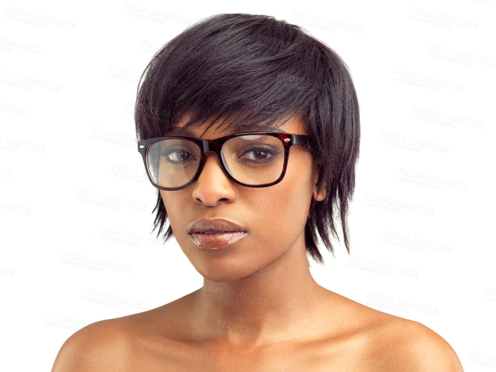 Buy stock photo Black woman, portrait and spectacles on against studio white background for confidence, vision and eyewear. Female person, prescription or glasses on isolated on backdrop for stylish and trendy