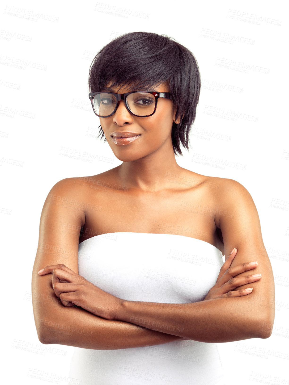 Buy stock photo African woman, portrait and confidence in studio with glasses for optometry, beauty and vision. Black girl, face and serious with eyewear for eye care, wellness and spectacles on white background