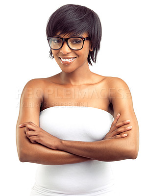 Buy stock photo African woman, portrait and confident smile in studio with glasses for beauty, optometry and vision. Black girl, face and happy with eyewear for eye care, wellness and spectacles on white background