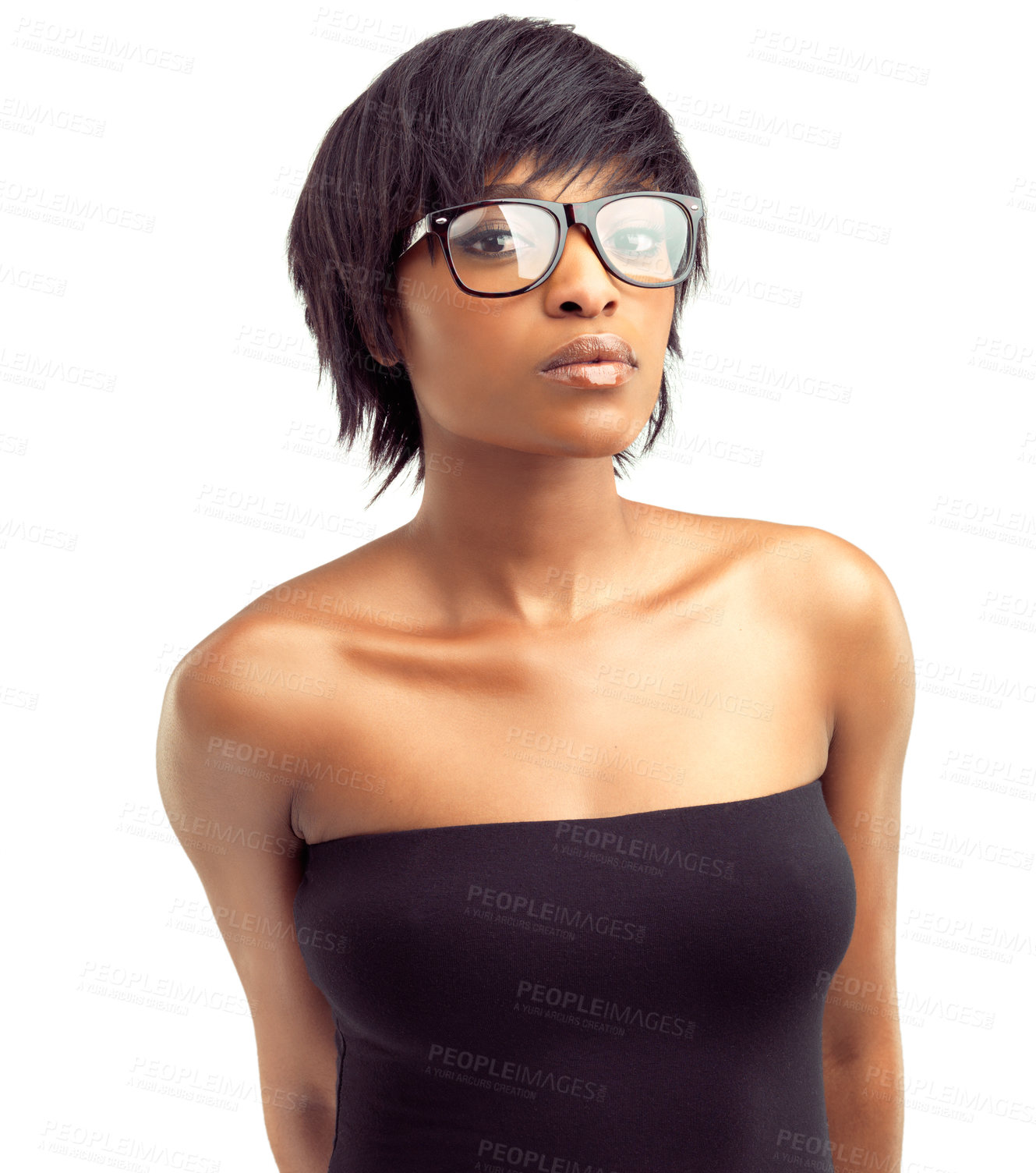 Buy stock photo African girl, portrait and confidence in studio with glasses for beauty, optometry and vision. Black woman, face and serious with eyewear for eye care, wellness and spectacles on white background