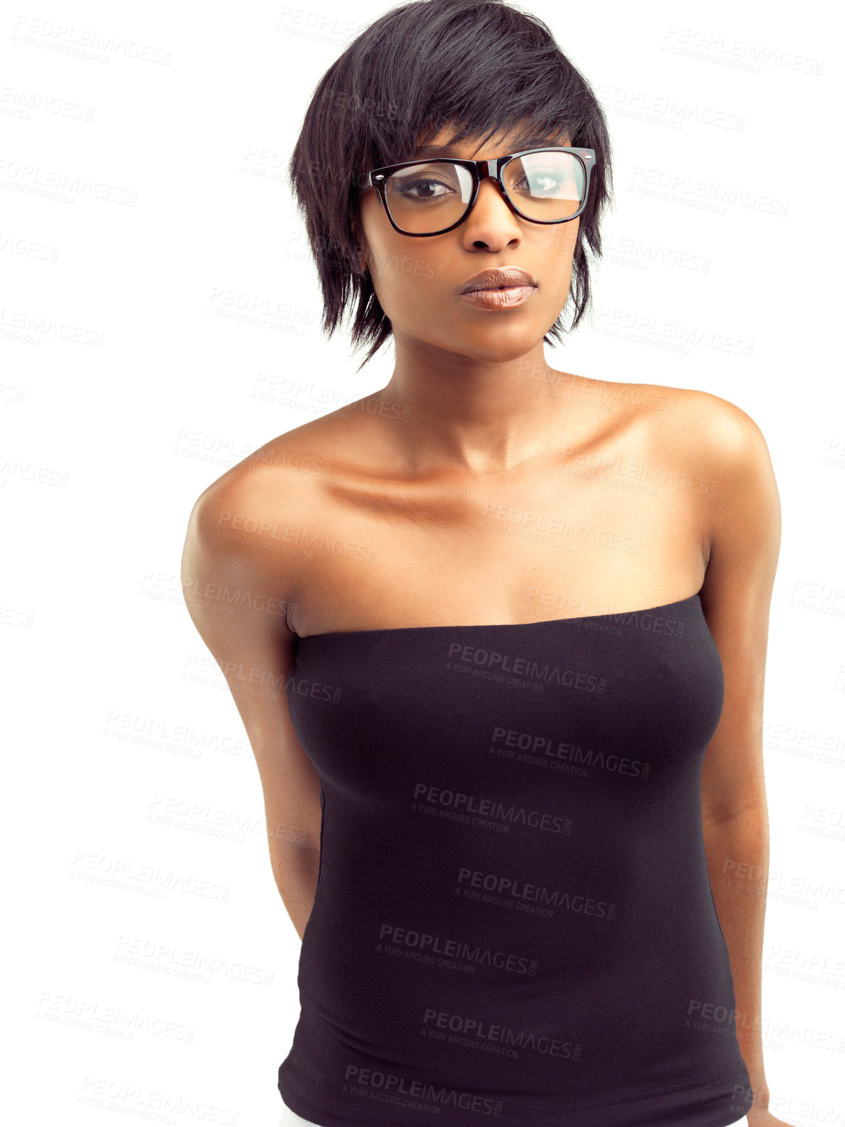 Buy stock photo Black woman, portrait and glasses for eye care vision on white background, spectacles or prescription. Female person, face and sight health with frame lenses in studio as optometry, wellness or style