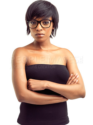 Buy stock photo African woman, portrait and confidence in studio with glasses for beauty, vision and optometry. Black girl, face and serious with eyewear for eye care, wellness and spectacles on white background