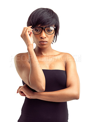 Buy stock photo Glasses, fashion and portrait of woman in studio for edgy clothes, eyewear and satisfaction. Face, relax and female person with confidence in accessory for outfit, pride or style on white background