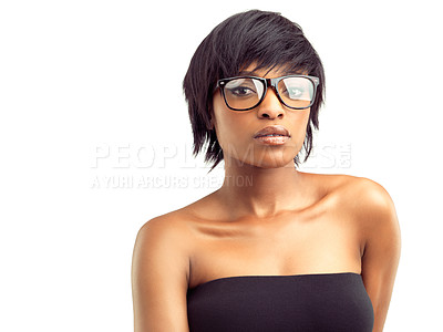 Buy stock photo African woman, portrait and serious in studio with spectacles for beauty, vision and optometry. Black girl, face and confident with eyewear for eye care, wellness and glasses on white background