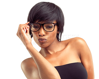 Buy stock photo Portrait, black woman and glasses in studio for eye care, clear vision and optometry with goofy. Student girl, pout and spectacles as prescription, wellness or eyewear to read by white background