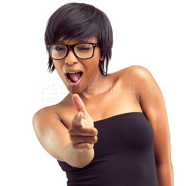 Buy stock photo Black woman, finger pioint and portrait with spectacles on with confident in studio white background for eyewear and vision. Female person, glasses and wink expression isolated against backdrop