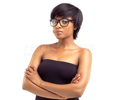 Buy stock photo Studio portrait, black woman and arms crossed with glasses for beauty, skin glow and serious with confidence. Isolated girl, African model and eyewear for dermatology and skincare by white background