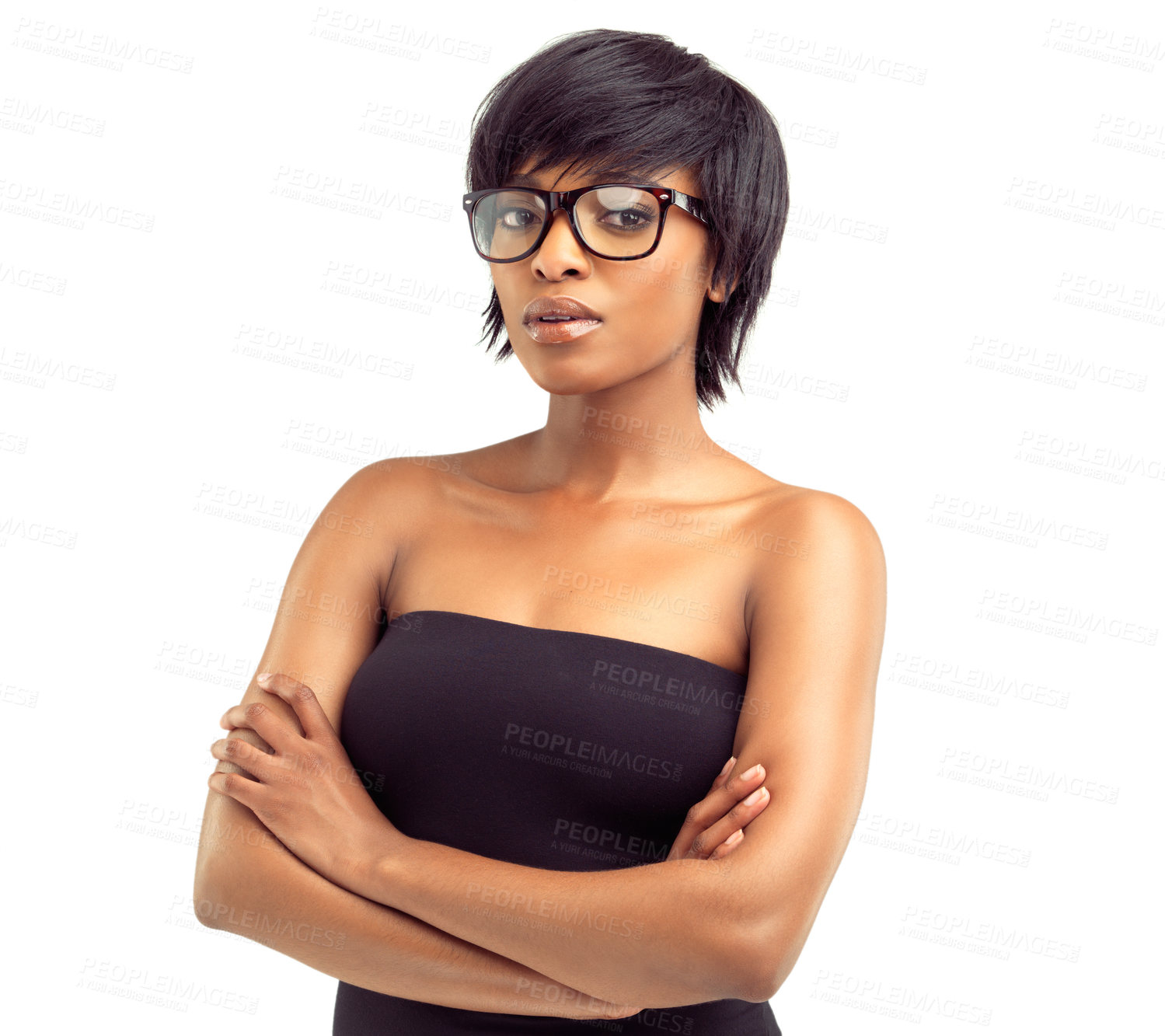 Buy stock photo Studio, portrait and arms crossed of woman with glasses, eye care or clear vision for optometry. Black girl, student or spectacles as prescription, wellness or eyewear for reading by white background