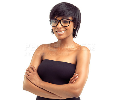 Buy stock photo Black woman, portrait and confident with glasses in studio for vision, optometry and cool frame for fashion choice. Girl, arms crossed and isolated on white background with spectacles for eye care.