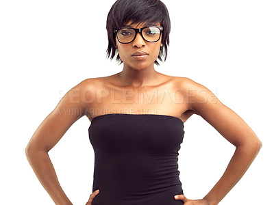 Buy stock photo Optometry, glasses and portrait of black woman with fashion or confidence in studio white background. Nerd, spectacles and girl with pride in eyewear, frames and contact lenses from optometrist