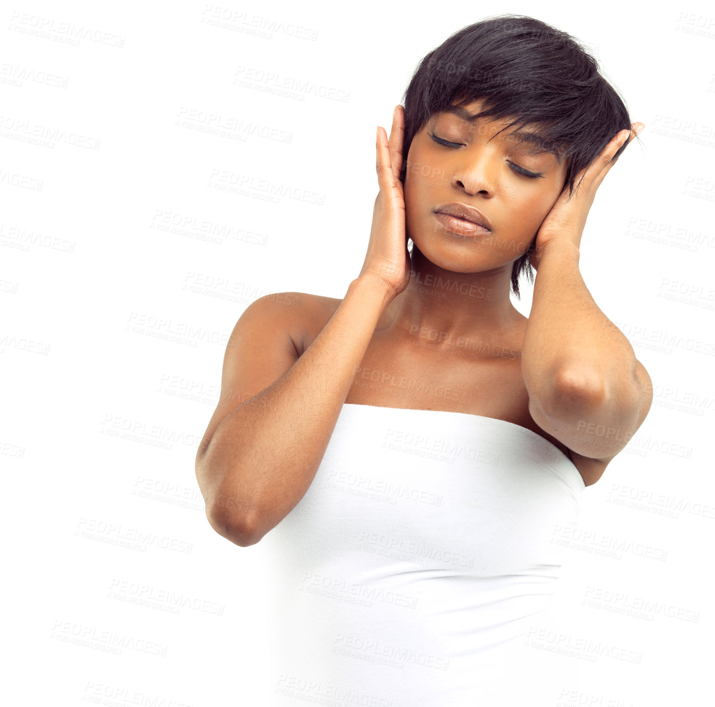 Buy stock photo Black woman, thinking and skincare in studio with eyes closed, hair care or confidence on white background. Female person, dermatology or natural cosmetics with clear skin for wellness, beauty or zen
