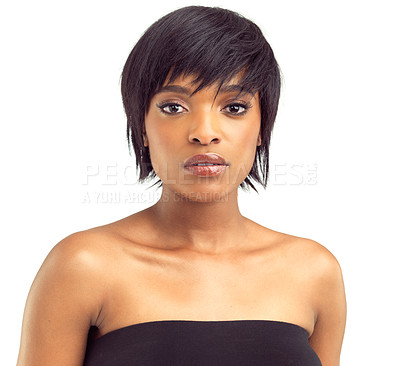 Buy stock photo Skincare, portrait and beauty or care for black woman on a white background with confidence, calm and classy. Stylish, face of isolated girl on makeup and model, elegance in studio and cosmetics