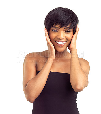 Buy stock photo Portrait, skincare and beauty or care for black woman on a white background with confidence, stylish and smiling. Haircare, face of isolated girl on makeup and model, elegance in studio and cosmetics