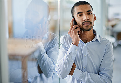 Buy stock photo Man, thinking and planning in office with phone call to client with real estate opportunity to invest. Property, realtor and chat to contact with ideas for future decision in business or investment