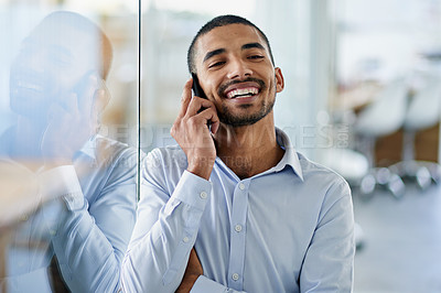 Buy stock photo Happy, man and phone call in office with contact to client with real estate opportunity to invest. Property, realtor and chat with ideas for future decision in business, development or investment