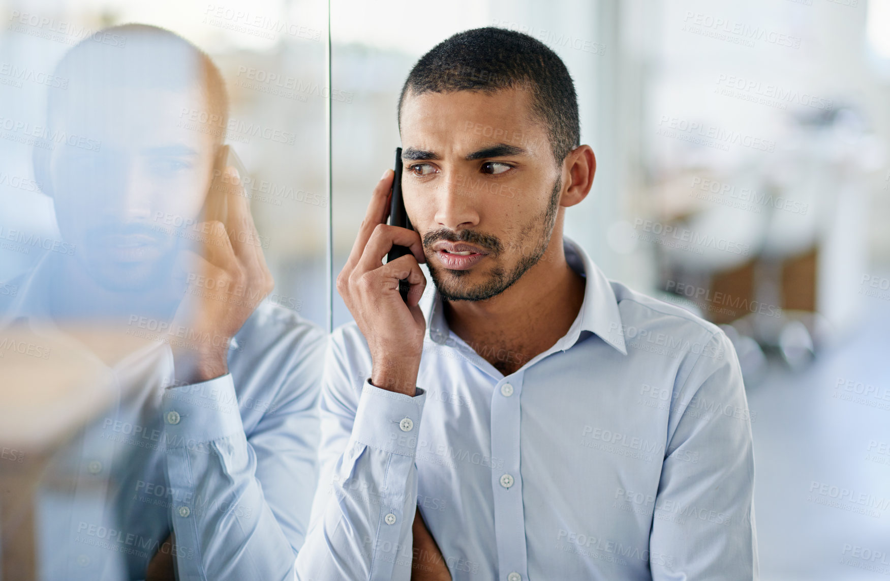 Buy stock photo Man, thinking and worry in office with phone call to client and stress for news, info or feedback. Businessman, planning and chat to contact with anxiety for problem solving decision or choice