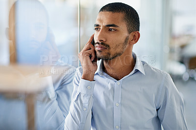 Buy stock photo Businessman, thinking and planning in office with phone call to real estate client with feedback or info. Property, realtor and chat to contact with idea for future decision in business or investment