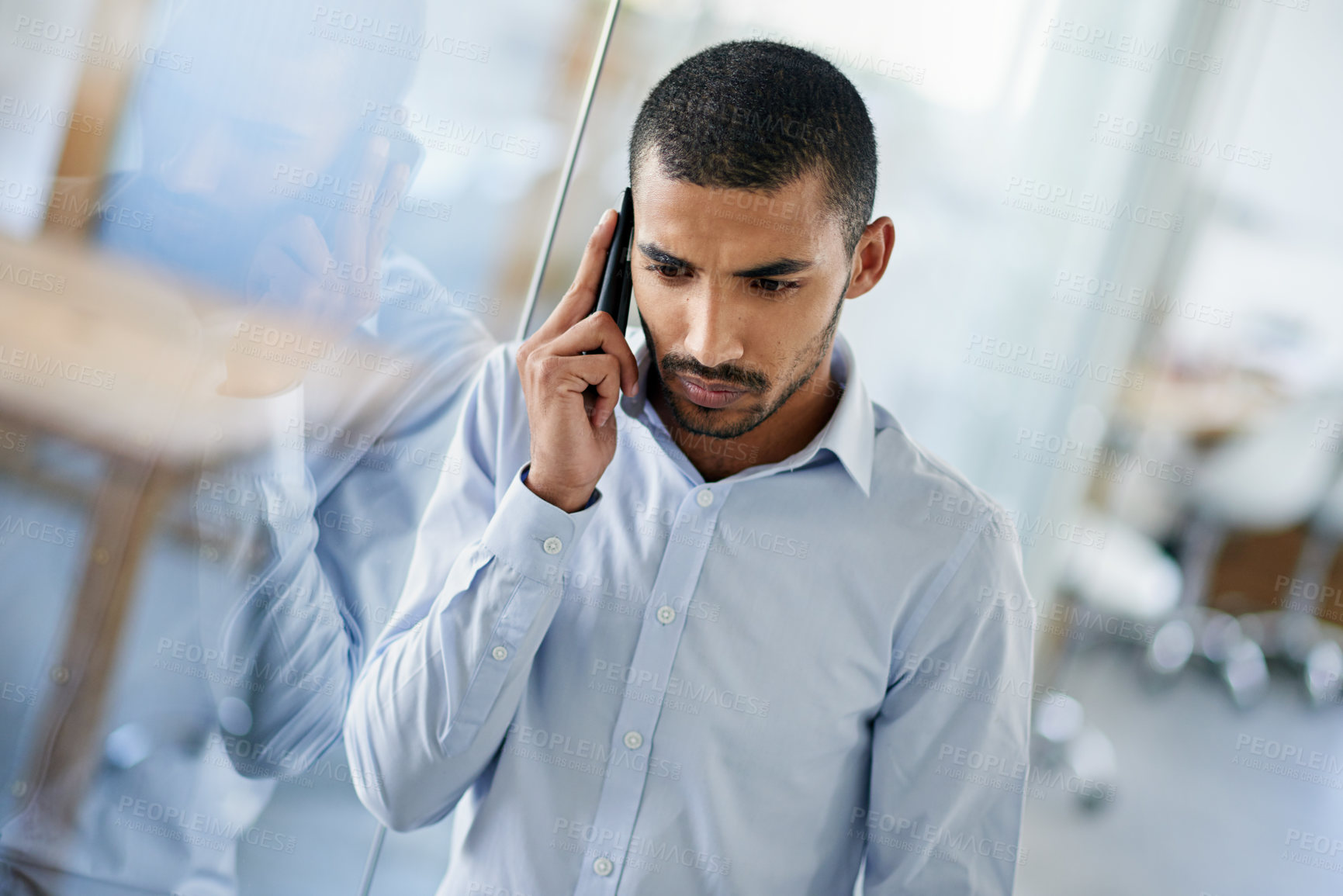 Buy stock photo Man, listen and phone call in office with news from client in real estate, development and feedback. Property, realtor and chat to contact with ideas for planning decision in business or investment